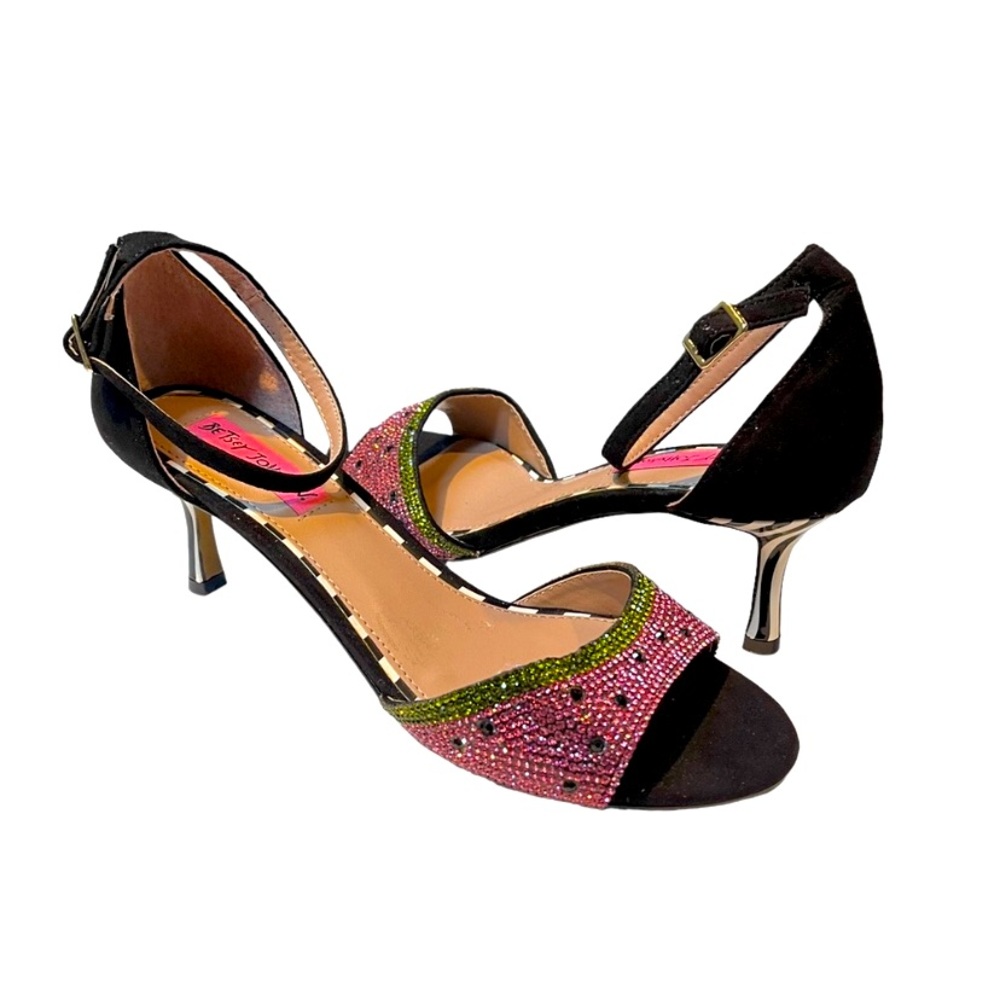 BETSEY JOHNSON Sz 6.5 watermelon rhinestones kitten heels.
